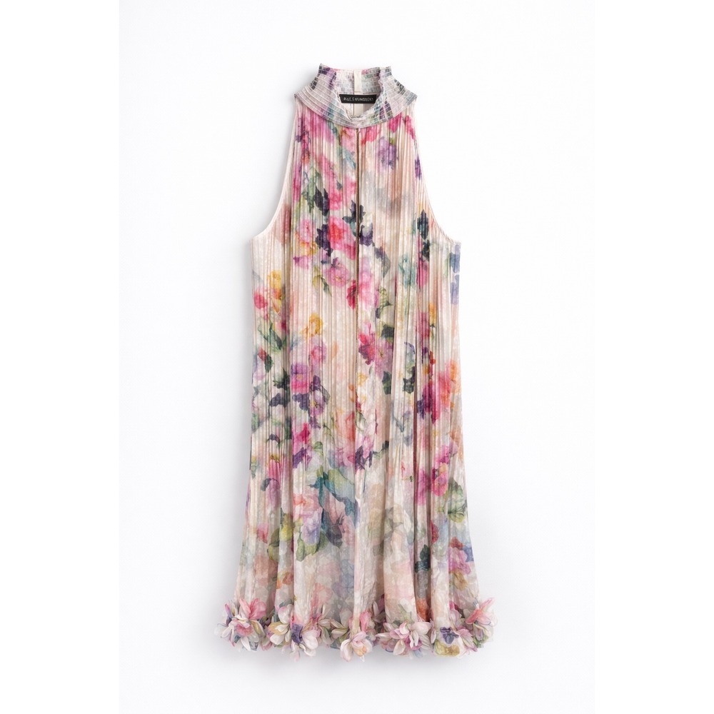 Alex Marie Floral Halter Pleated Dress 3D‎ Flower Applique Multi Color Size 12